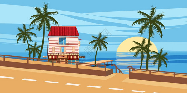 卡通风格海景道路房屋棕榈树矢量插画图片