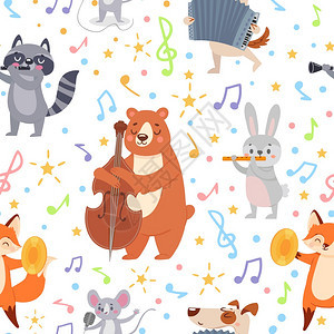 动物音乐家无缝模式有趣的动物音乐家使用不同的器壁纸包装或纺织品矢量纹理音乐家用器管弦队动物音家使用无缝模式有趣的动物音乐家使用不图片