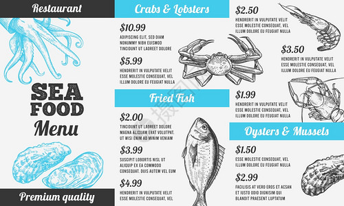 手绘精美鱼类龙虾贝壳菜单图片