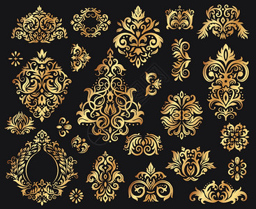 金色达马斯克装饰品旧花岗纹样板装饰用巴洛克品豪华的优等元素黑色矢量插图上的皇家花岗纹抽象装饰品巴洛克图片