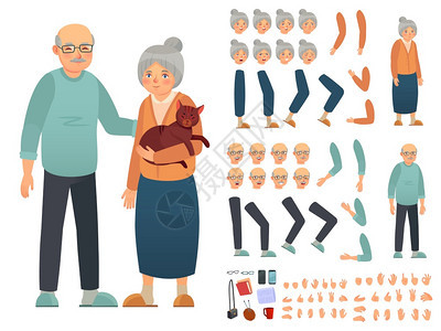 祖父母角色构建器具有不同面部情感手势和附件的成套材料祖母和父自制动画设置矢量插图具有不同面部情感手势和附属品的成套材料图片