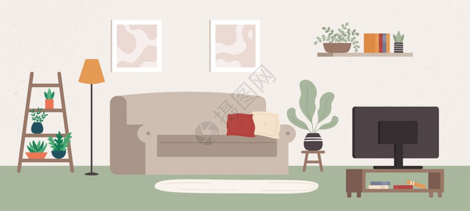 室内客厅家具和电视不同室内物品为舒适沙发枕头植物书架灯具和照片在墙壁矢量图上标注的壁架室内物品为舒适沙发和枕头厂房图片