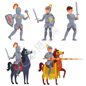 持的中世纪骑士马的皇家士马战斗的勇士有盾牌和战斗身着独臂盔甲的英雄身着独角兽式盔甲的英雄童话故事人物矢量插图图片