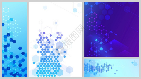 分子结构横幅设置连接线和点六边形抽象技术背景科学网络站医疗设计未来几何分子细胞矢量图解科学网络图片