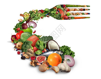 健康饮食和天然营养餐水果蔬菜坚和豆子作为餐叉白种背景的健康和理念图片