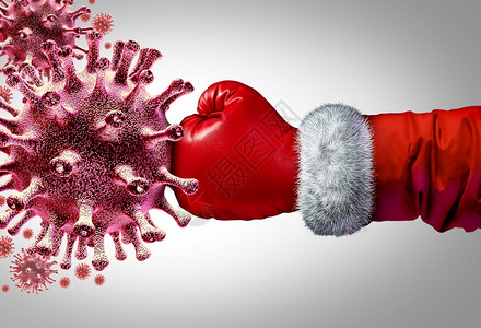 圣诞季节大流行和疫苗或感冠状医疗抗控制圣诞老人与传染病原体细胞抗争以3D插图作为治疗的保健比喻图片