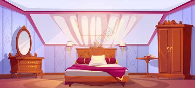室内有露出床衣柜更板镜子和窗帘的阁房公寓有屋顶卡通矢量插图的曼沙地板图片