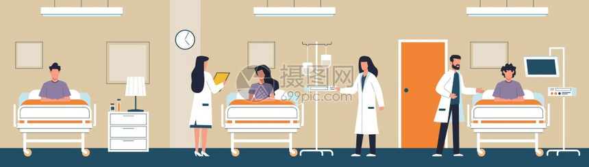 病房里的病人和医生卡通矢量插画图片