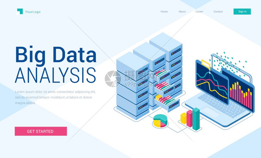 大数据分析等量着陆页信息研究系统屏幕上有图表的膝型计算机有抽屉和文件的服务器室商业分析3d矢量图解网络横幅图片