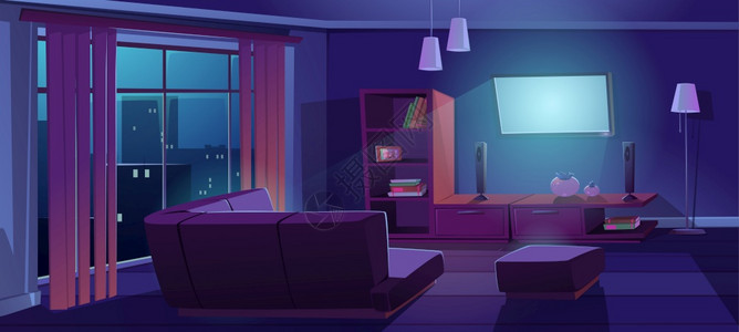 深色公寓有角落沙发墙上工作电视前的角落沙发空家设计有具和装饰卡通矢量插图图片