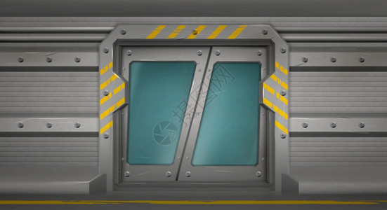 装有玻璃窗的金属门太空船内部的滑动门封闭式航天飞机未来掩体或带有黄标记的秘密实验室入口滑雪菲网关现实的三维矢量图解图片