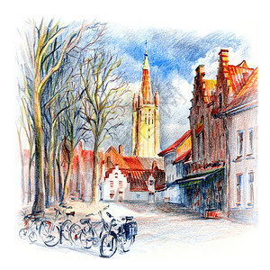 布鲁日斯广场城市草图圣母教堂塔比利时背景用彩色铅笔绘画比利时布鲁日广场图片