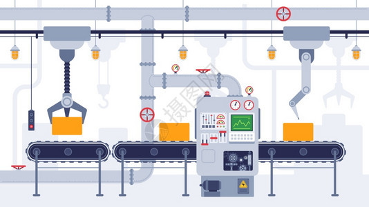 工业传送带制造设备产品运输过程高效自动化生产矢量概念自动生产线和装有自动机器的箱式电容器图片