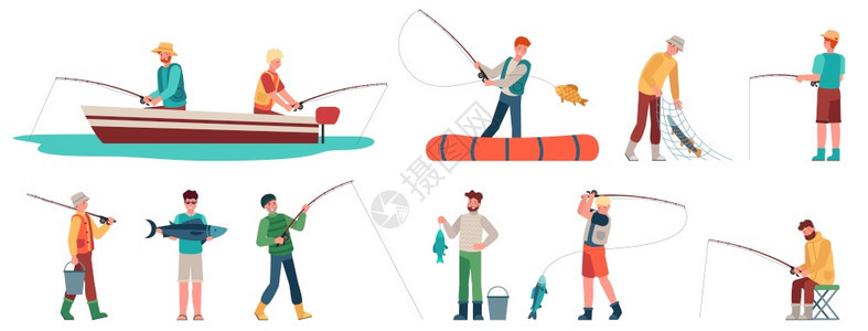 渔民在船上钓鱼矢量元素图片