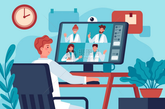 医疗视频会议与同事进行视频交谈的医生在线咨询诊断共19人虚拟医学专家病媒概念有呼叫远途工作的医生虚拟学专家概念图片