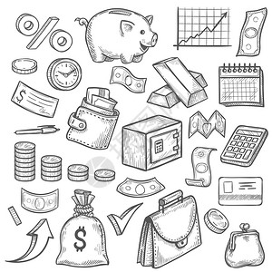金条金钱和银行草图手画美元钞票和硬币小猪银行和商业图钱包金条融资