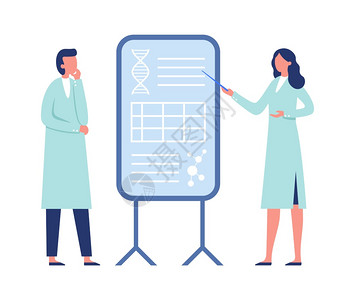 身着大衣的妇女与DNA遗传代码分子接头听信息的人实验室医疗专家病媒说明研究科学家一起工作身着大衣的妇女与DNA遗传代码接头的妇女图片