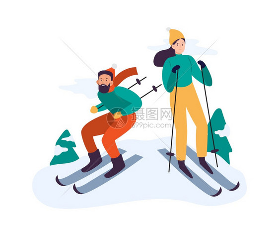 冬季活动人滑雪两在户外积极共度时间有闲暇男女穿着带设备的冬衣家庭假日期矢量说明两人在户外积极共度时间与设备一起休闲男子与妇女一起图片