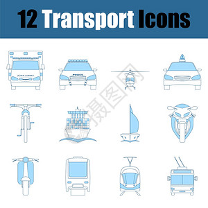 车系统带蓝色填充图设计的细线运输图标集插画
