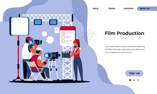 视频制作登陆页电影制作演播室和拍摄电影概念配有卡通电影摄制组人物Victor插图电影网页信息Victor电影网页图片