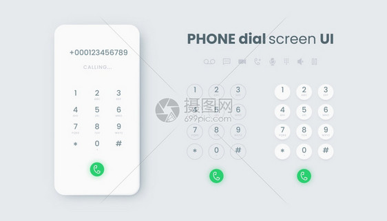 智能电话拨号现实码带键盘和拨号按钮的电话界面配有键盘和拨号按钮的电话屏幕UI矢量孤立插图触摸屏幕电话界面现实号码挂配有键盘和拨号图片