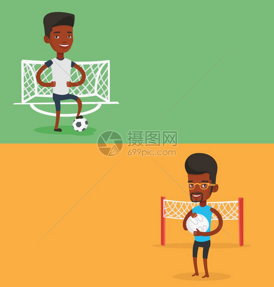 两个带有文字空间的体育横幅矢量平板设计水布局手持排球的非洲运动员排球站在网的背景上两个带有文字空间的体育横幅图片