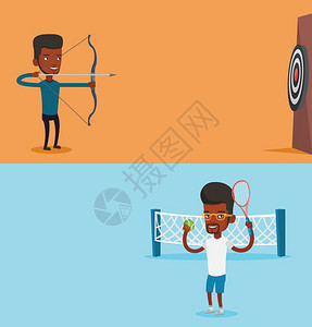 两个带有文字空间的运动横幅矢量平面设计水版式网球玩家站在场上网玩家拿着和非裔美国人打网球图片