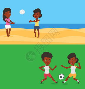 有两个运动横幅上面有文字空间矢量平板设计水布局非洲妇女与朋友一起玩海滩排球暑假玩海滩排球时得开心两个运动横幅上面有文字空间图片