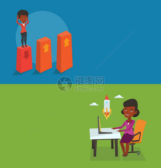 两条商业横幅有文字空间矢量平面设计横向布局非洲美国女商人观看业启动火箭从事新商业的女人启动两个业横幅有文字空间图片
