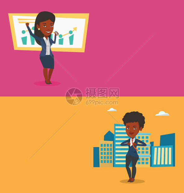 两个商业横幅上面有文字空间矢量平面设计水布局成功的商业女在手机上获得好消息非洲成功的商业女在手机上交谈图片
