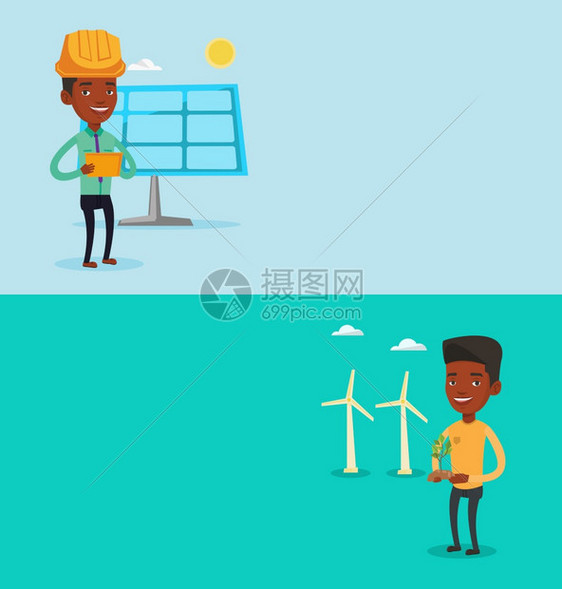 两条生态横幅上面有文字空间矢量平板设计水布局非洲美国风力农场工人在风力涡轮机背景下在土壤中种植绿色小物的年轻人图片