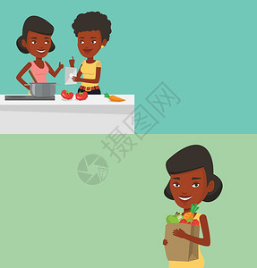 两条食物横幅有文字空间矢量平板设计水布局非裔美洲妇女在数字平板电脑上食用健康蔬菜谱年轻女烹饪健康食物两份和饮料横幅有文字空间图片