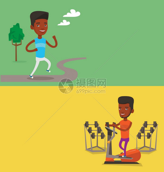 两条带有文字空间的生活方式横幅矢量平板设计水布局年轻人户外活动运员在公园里活非洲人在健身房的体操教练上锻炼两个带有文字空间的生活图片