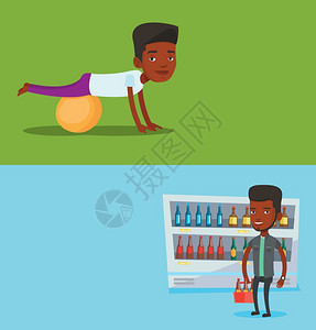 两个带有文字空间的生活方式横幅矢量平板设计水布局快乐的男子与健身球一起锻炼非洲男子与健身球一起锻炼健康生活方式和运动的概念两个带图片