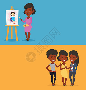 两种带有文字空间的生活方式横幅矢量平面设计水布局非洲裔美国人年轻艺术家在画布上创意艺术家在画板上从事绘的艺术家两个带有文字空间的图片