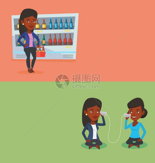 两条带有文字空间的生活方式横幅矢量公寓设计水平布局站在酒店的非洲妇女在冰箱的背景上装着一包啤酒购买的年轻妇女两个带有文字空间的生图片