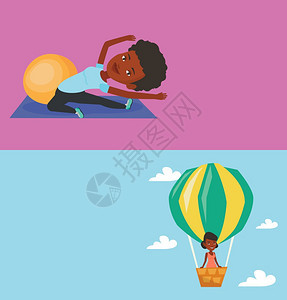两条带有文字空间的生活方式横幅矢量平面设计水布局女在热气球中飞行女站在热气球篮子中女在热气球中旅行两个带有文字空间的生活方式横幅图片