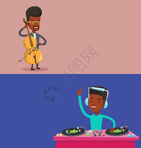 两个带有文字空间的媒体横幅矢量平面设计水布局非洲DJ在夜总会派对的耳机上年轻的DJ在转盘上混合音乐DJ在甲板上播放和混合音乐图片