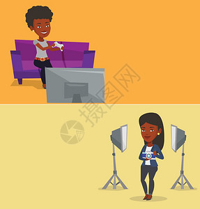 两个带有文字空间的媒体横幅矢量平面设计水版式快乐的非洲女在电视上玩游戏在家里电子游戏时有控制台的兴奋女两个带有文字空间的媒体横幅图片