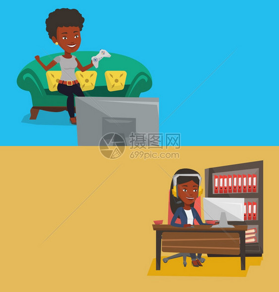 两个带有文字空间的媒体横幅矢量平面设计水布局使用电脑玩网上游戏的非洲美年轻快乐女耳机中的女玩网上游戏图片