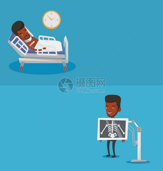 两条带有文本空间的医疗横幅矢量平板设计水布局胸前X射线程序非洲男子有X射线屏幕显示其骨骼的人病访问血管基因学家两个带有文本空间的图片