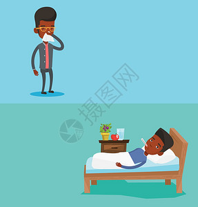 两条医疗横幅上面有文字空间矢量平面设计水布局非洲发烧病人躺在床上情人在温度上测量病人患有感冒或流图片