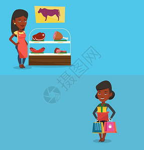 两条有文字空间的购物横幅矢量平面设计水布局非洲美女屠夫在宰场上提供肉品屠夫站在的店面背景上两条带有文字空间的购物横幅图片