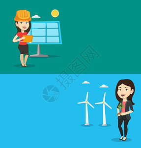 有两个生态横幅上面有文字空间矢量平面设计水布局高加索女风力农场工人在风力涡轮机背景下在土壤中种植绿色小物的年轻妇女两个生态横幅上背景图片