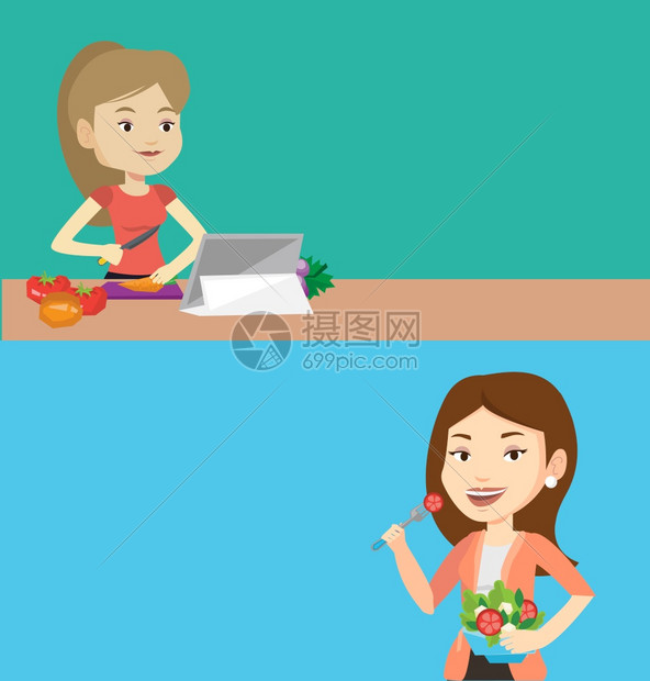 两条食物横幅有文字空间矢量公寓设计水平布局女切开新鲜蔬菜用于沙拉女在数字平板电脑上食用蔬菜沙拉谱女吃沙拉两份食物和饮料横幅有文字图片