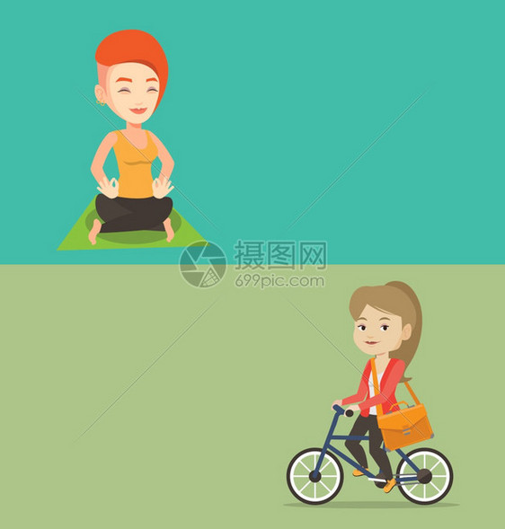两条带有文字空间的生活方式横幅矢量公寓设计水平布局商业妇女骑自行车上班商业妇女骑着公文包自行车健康的生活方式概念两个带有文字空间图片
