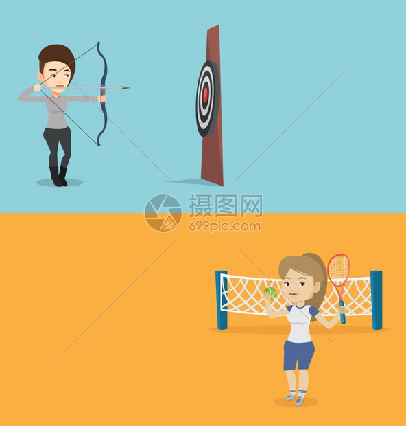 两个带有文字空间的运动横幅矢量平板设计水布局高加索女运动员打网球手站在场上网手握着拍两个带有文字空间的运动横幅图片