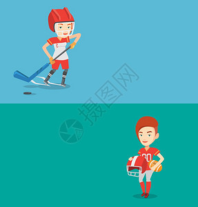 两条运动横幅有文字空间矢量平面设计水布局女运动员打冰球穿制服滑的球运动员在场上滑用棍棒和冰球运动员两个横幅有文字空间图片