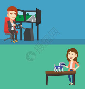 两条带有文字空间的技术横幅矢量平面设计水布局站在桌子旁边的笑女人和一只机器狗在桌子上年轻的caucasian女士快乐地踩着一只机图片