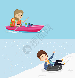 两条带有文字空间的旅行横幅矢量平面设计水布局年轻黑人妇女在山上滑雪时玩得开心骑雪橡胶管的妇女两条带有文字空间的旅行横幅图片